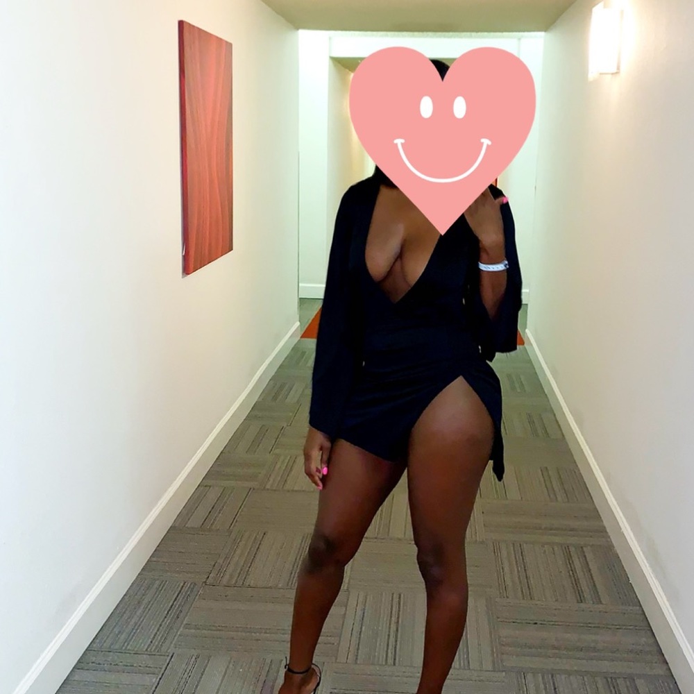 Black plunge extreme split leg dress